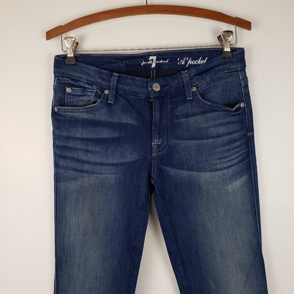 7 For All Mankind A Pocket Jeans Low Rise Flare Blue Denim Womens Size 27 - Picture 3 of 11